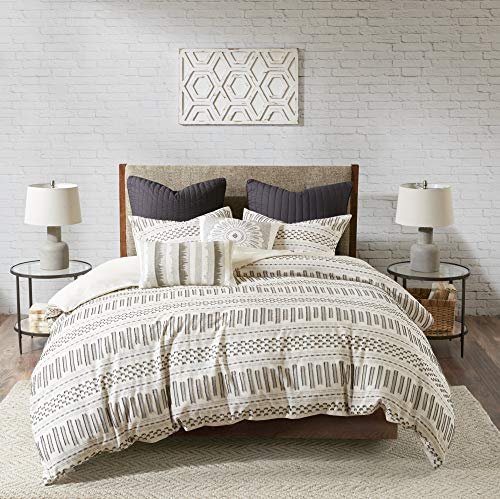 INK+IVY Rhea 100% Cotton Duvet Set Mid Century Modern Boho Design, All Season Comforter Cover Bedding Set, Matching Shams, Full/Queen, Geometric Clipped Jacquard Ivory 3 Piece INK+IVY