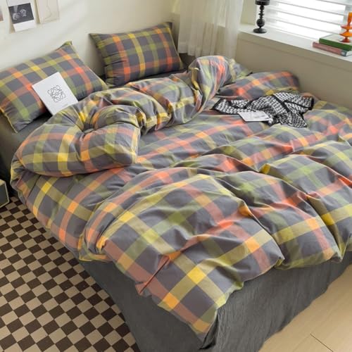 DONUES Plaid Duvet Cover Set King Size Bedding Set 100% Washed Cotton Reversible Multicolor Grid Checkered Duvet Cover with 2 Pillowcases(Queen 104"x90", Comforter Not Included) DONEUS