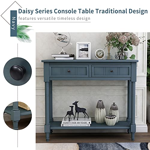 Merax Wood Sofa Table Console Table,Entryway Table Traditional Design with Two Drawers and Bottom Shelf for Living Room,Hallway,Dining Room,Navy Merax