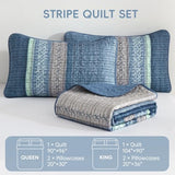 Menghomeus Blue Quilt Set King Size, 3 Pieces Striped Patchwork Quilted Bedding Sets, Soft Lightweight King Bedspreads Coverlets Bedding Set for All Seasons 104"x90" Menghomeus