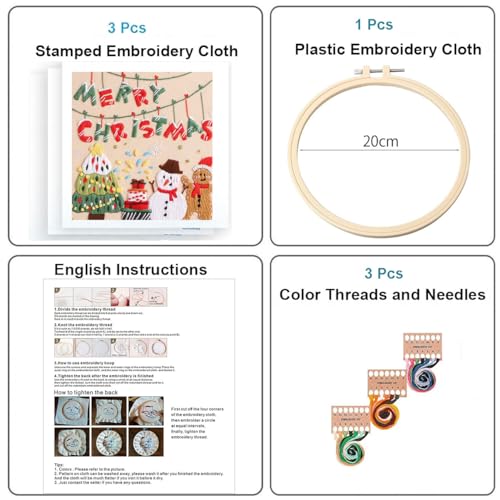 Konrisa Embroidery Kits Merry Christmas Pattern Embroidery Starter Kits for Adults Beginner DIY Sewing Needlepoint Cross Stitch Practice Kit Christmas Home Decoration Handmade Gifts