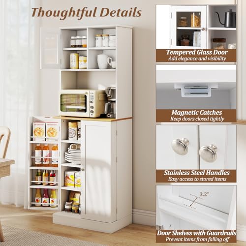 Giantex Kitchen Hutch Cabinet, 67" Tall Pantry Cabinet with Microwave Countertop, 8 Door Shelves & 5 Adjustable Shelves, Freestanding Cupboard with Glass Door for Living Room, Dining Room, White Giantex