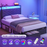 Fluest Twin Bed Frame with Storage Drawers, Upholstered Headboard with Charging Station, LED Lights, Fabric Drawers with Wheels, Under Bed Storage, No Box Spring Needed, Easy Assembly, Grey Fluest