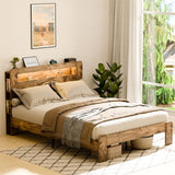 Zevemomo Full Size Bed Frame with LED Lights & Charging Station - Rustic Brown Zevemomo