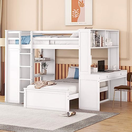 Full Over Twin Bunk Beds with Desk and Drawers , Wooden Full Size Loft Bed with Removable Twin Bed , Wardrobe and Shelves , Storage Bunk Bed with Ladder & Guardrails for Kids Girls Boys , White Harper & Bright Designs
