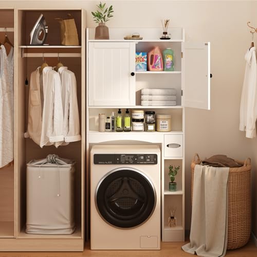 Ahomly Over The Toilet Storage Cabinet, 32.3" W x 70.3" H Over Toilet Bathroom Organizer with Doors, Adjustable Shelves, Toilet Paper Holder, 2 Side Hooks, Space-Saver for Bathroom, Laundry, White Ahomly