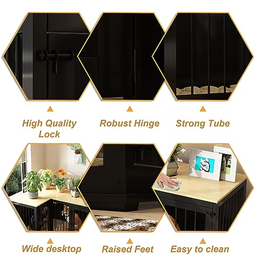Lovinouse Corner Dog Crate Furniture for 2 Dogs, Indoor Wooden Furniture Style Heavy Duty Large Dog Kennel House with Double Rooms & Divider for Large & Medium Dogs, Black Lovinouse