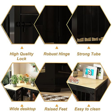 Lovinouse Corner Dog Crate Furniture for 2 Dogs, Indoor Wooden Furniture Style Heavy Duty Large Dog Kennel House with Double Rooms & Divider for Large & Medium Dogs, Black Lovinouse