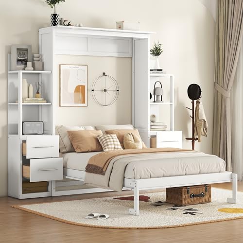 Merax Full Size Murphy Bed with 4 Storage Drawers, Wall Murphy Bed Full with Shelves and LED Lights, No Box Spring Needed, White Merax