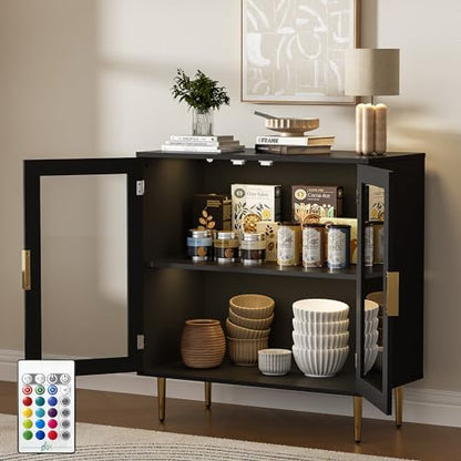 Housoul Sideboard Buffet Cabinet with 4 Doors, Modern Sideboard Cabinet with LED Lights, Bar Cabine with Adjustable Shelf, Coffee Bar Storage Cabinet with Golden Handles for Kitchen, Black - WoodArtSupply