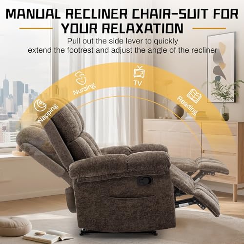 Korser Recliner Chair, Living Room Recliner Chairs for Adults, Small Recliners for Small Spaces, Upholstered Manual Recliner with Side Pockets, Modern Nursery Chair for Living Room, Chenille, Brown