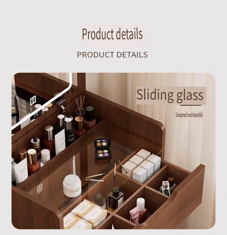 JIJIWANG 3 in 1 Vanity Desk with Plip Top Mirror,Small Make Up Vanity Set with Visible Glass Desktop,Compact Makeup Vanity with 3 Drawers,Dressing Table for Bedroom,Mother's Day(48cm,Walnut) JIJIWANG
