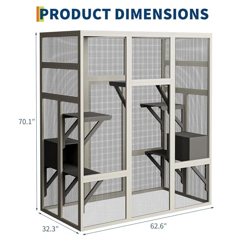70-Inch Large Catio Enclosure, UV-Protected, Wooden Frame and Rust-Resistant Steel Mesh, Cat House with 2 Lounging Boxes and Platforms, for Patio or Backyard Garvee