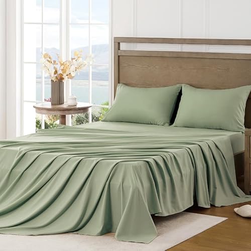 FreshCulture Full Sheet Set - Ultra Soft Sheets Full Size Bed - Brushed Microfiber - Deep Pockets - Easy Care - Cooling & Breathable - 4 Pieces Hotel Luxury Full Size Bed Sheets (Sage Green) FreshCulture