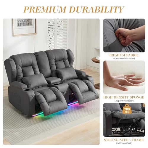 Loveseat Recliner Sofa with DIY LED Lights,RV Wall Hugger Recliners for Small Spaces,Fabric Reclining Loveseat Sofa Recliner with Smart LED Lights/Cup Holders/Lumbar Pillows,RV Furniture,Dark Gray