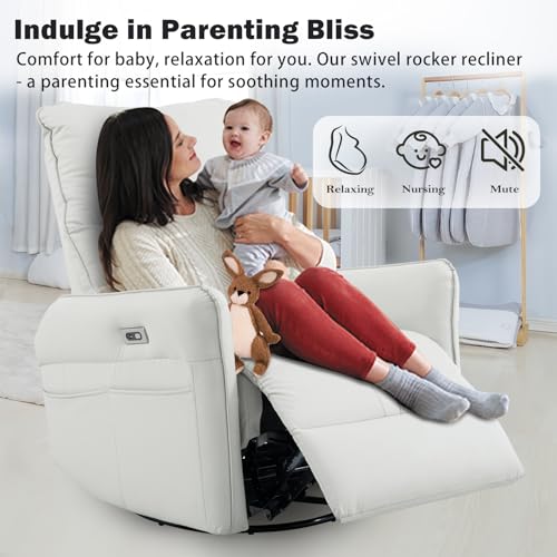 cinkehome Power Swivel Rocker Recliner with USB, Overstuffed Electric Reclining Chair, Faux Leather Rocker Recliner for Nursery, Living Room, Light Grey