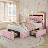 HAUOMS Twin Bed Frame with 3 Drawers, Storage Headboard with Charging Station & LED Lights, Velvet Upholstered Twin Size Girl Bed with Heavy Duty Metal Slats, No Box Spring Needed, Noise Free, Pink HAUOMS