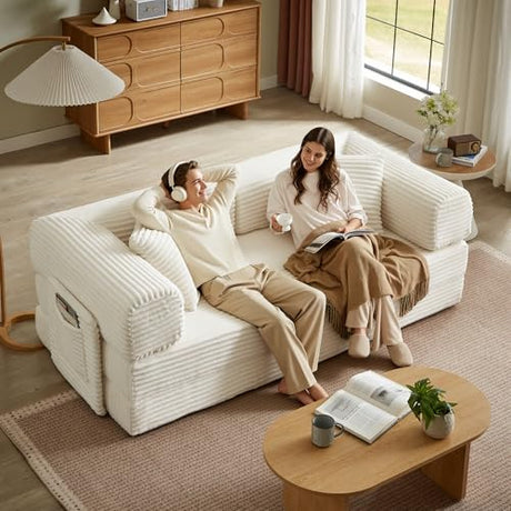 AUGOP Boneless Couch Folding Couches for Living Room Sofa, Futon Sofa Bed with Sleeper Sofa, Futon Couch with Fixed-Shape Oversized Corduroy Upholstered (White, 81 Inches) AUGOP