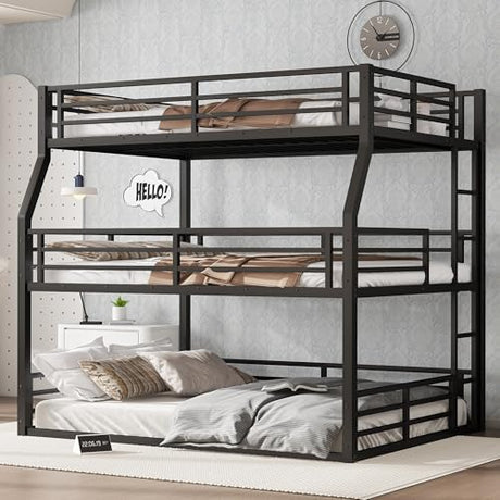 Bellemave Metal Triple Bunk Bed with Full-Length Guardrails, Full XL Over Queen Over Queen Bunk Bed for 3, Noise-Reduced, Metal Black Bellemave