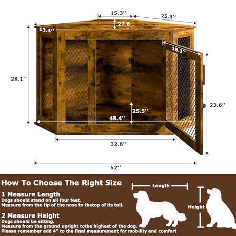 VENDORZ Corner Dog Crate Furniture, 52" Wooden Dog Kennel Furniture End Table with Mesh, Dog Kennel Indoor Furniture for Small Medium Large Dogs, Modern Decorative Wood Pet House Dog Cage Crate, Brown VENDORZ