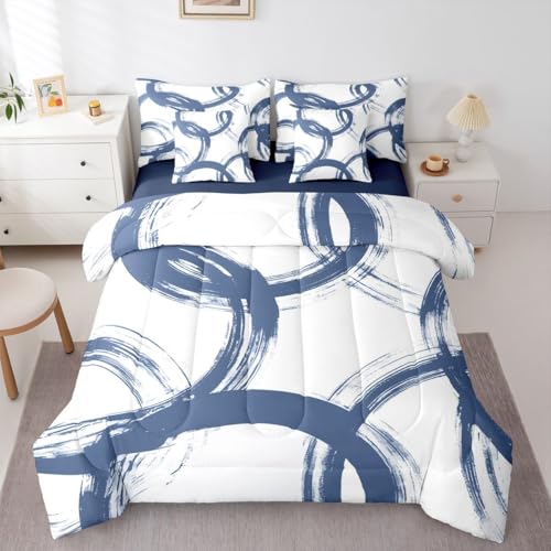Erosebridal Blue and White 7 Piece Comforter Set Queen Abstract Line Ink Painting Bedding Set for Kids Boys Girls Simple Minimalist Graffiti Art Modern Geometric Sheet Set Boho Cool Unique Mens Quilt Erosebridal