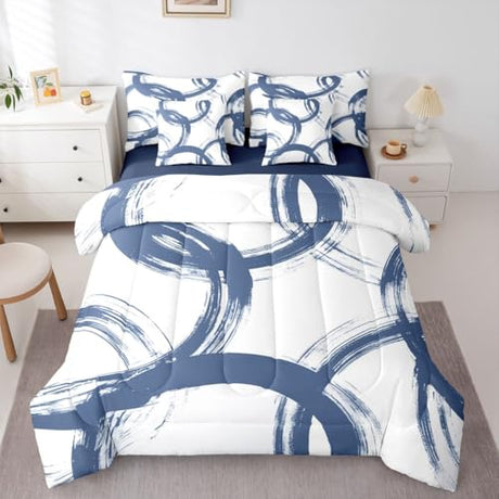 Erosebridal Blue and White 7 Piece Comforter Set Queen Abstract Line Ink Painting Bedding Set for Kids Boys Girls Simple Minimalist Graffiti Art Modern Geometric Sheet Set Boho Cool Unique Mens Quilt Erosebridal