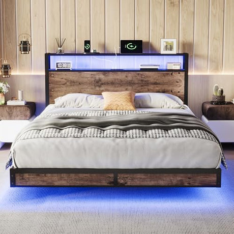 Susalt Queen Size Bed Frame with Storage Headboard, Sturdy Metal Platform Bed Frame with LED Lights and Charging Station, Easy Assembly, No Box Spring Needed, Noise Free, Rustic Brown Susalt