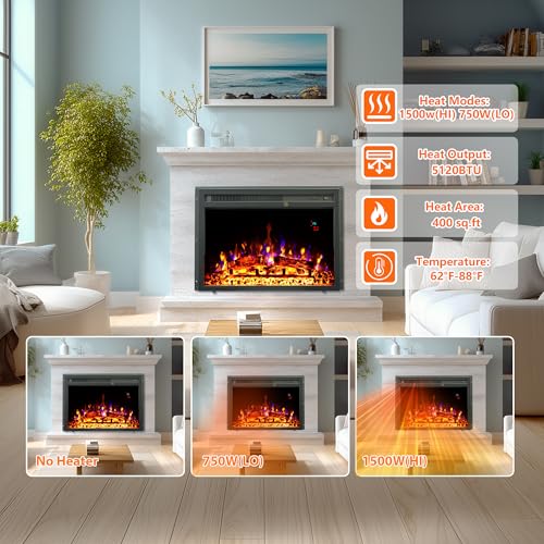 23" Electric Fireplaces Inserts, Recessed Fireplace Heater with Thermostat, 5 Flame&Fuel Bed Brightness,Timer VINEMOUNT