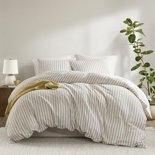 Madison Park Duvet Cover Set for Hot Sleepers - Linen Cotton Rayon Blend, Queen Size 3 Piece Set with Shams - Lightweight & Breathable Bedding, Tan Striped Design Madison Park