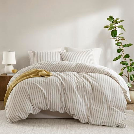Madison Park Duvet Cover Set for Hot Sleepers - Linen Cotton Rayon Blend, Queen Size 3 Piece Set with Shams - Lightweight & Breathable Bedding, Tan Striped Design Madison Park