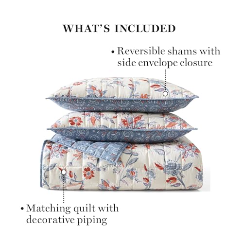 Martha Stewart King Size Quilt Bedding Set - 3 Piece, Soft Washed Microfiber, Printed Bedspread, Reversible, All Season, 1 Quilt, 2 King Pillow Shams, Blue, White & Red, Painted Floral Print Martha Stewart