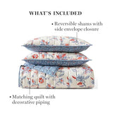 Martha Stewart King Size Quilt Bedding Set - 3 Piece, Soft Washed Microfiber, Printed Bedspread, Reversible, All Season, 1 Quilt, 2 King Pillow Shams, Blue, White & Red, Painted Floral Print Martha Stewart