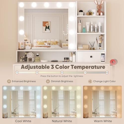 DUMOS Vanity Desk Makeup with Mirror LED Lights, White Table with Power Outlet 2 Drawer, 4 Storage Shelves Cabinet & 3 Lighting Mode Adjustable Brightness, Dressing Tables for Bedroom DUMOS
