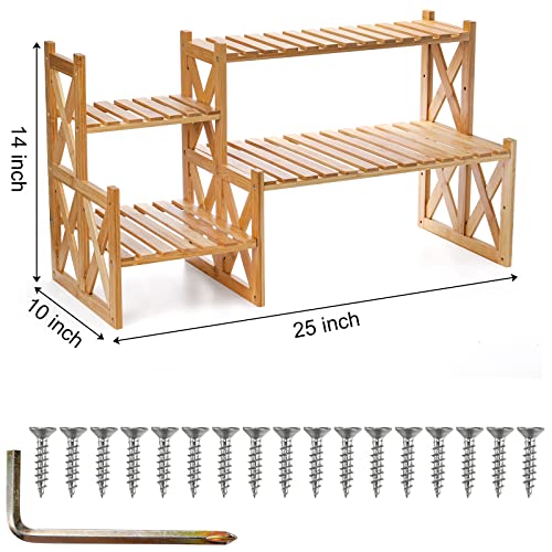 Lawei 2 Tier Bamboo Tabletop Plant Stand, Adjustable Flower Pot Holder Shelf Planter Display Stand, Small Desktop Ladder Plant Rack for Indoor Outdoor Home Patio Lawn Garden Balcony Organizer Lawei