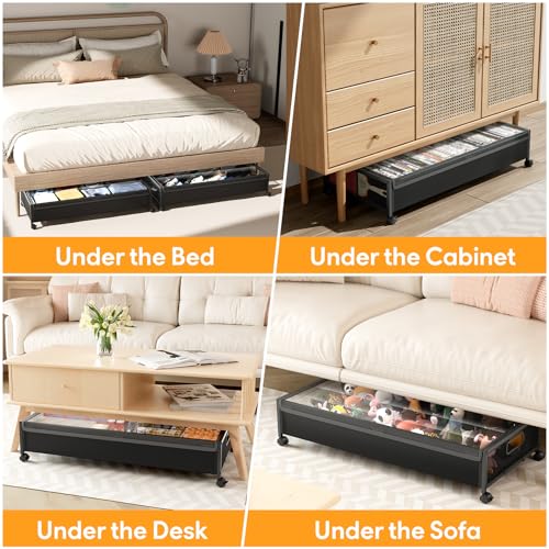 LeArex Under Bed Storage Containers with Wheels 2 Pack Underbed Shoe Storage Bedroom Storage Bins Organizer Large Capacity Under Bed Storage with Lid for Clothes Shoes Toys Blankets (Black) LeArex