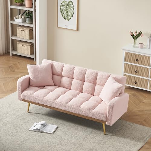 Ball & Cast Convertible Sleeper Sofa Bed with Adjustable Backrest,Teddy Upholstered Futon Couch Bed W/ 2 Pillows,Armrest and Metal Legs,Loveseat Sofa for Living Room,Apartment,Small Space,Pink,69" Ball & Cast