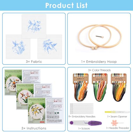 ERKOON 3 Sets Embroidery Kit, Hummingbird Cross Stitch Set for Include Embroidery Cloth Hoops Threads for Craft Lover Hand Stitch (Hummingbird) ERKOON