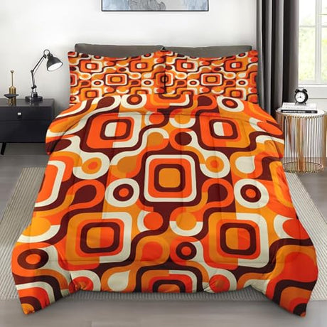 Pamnest Comforter Set Queen Size, 70S Retro Orange Soft Bedding for Kids and Adults, Abstract Brown Yellow Beige Comforter Set with 2 Pillowcases for Bedroom Bed Decor Pamnest
