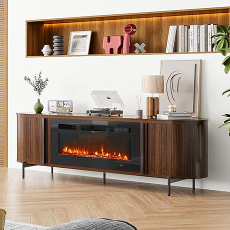 Nordivale Luxury 70" Fluted Fireplace TV Stand, Modern Chic Entertainment Center for TVs Up to 80", TV Console for Living Room, Media Cabinet with Storage,70 Inch, Brown Nordivale