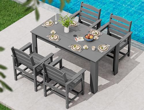 SERWALL Patio Dining Set for 4, Outdoor Dining Sets for 4 Person with 1 Umbrella Hole Cut-Out Rectangular Table and 4 Chairs, HDPE Dining Sets for Garden, Backyard, Poolside, Gray SERWALL