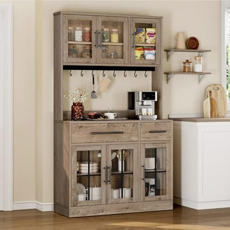 YITAHOME 71" Farmhouse Kitchen Pantry Storage Cabinet with Power Outlet, Freestanding Glass Door Display Pantry Hutch with Microwave Stand & Adjustable Shelves & Large Countertop for Home, Lvory Grey YITAHOME