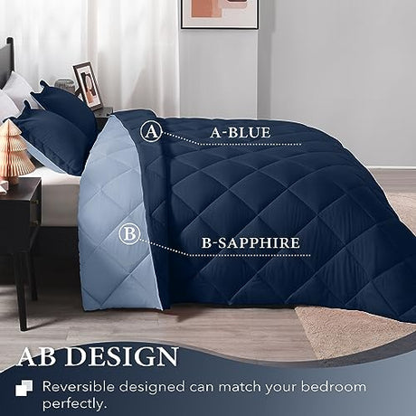 downluxe Queen Comforter Set - Blue and Sapphire Queen Comforter, Soft Bedding Sets for All Seasons -3 Pieces - 1 Comforter (88"x92") and 2 Pillow Shams(20"x26") downluxe