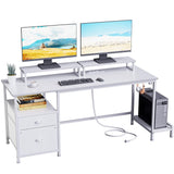 Furologee White Computer Desk with Drawer and Power Outlets, 55" Large Gaming Desk with Fabric File Cabinet and 2 Movable Monitor Shelves, Writing Table with CPU Stand and 2 Hooks for Home Office Furologee