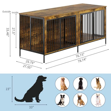 Garvee XL Dog Crate Furniture for 2 Dogs, Heavy Duty Double Dog Crates for Medium/Large Dogs, Dog Kennel Furniture Indoor As TV Stand, Extra Large 78.74" w, Rustic Brown Garvee