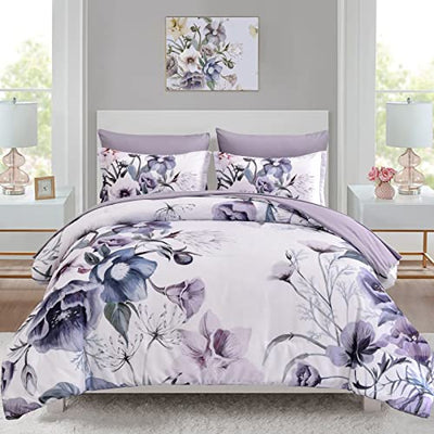 Luxudecor Floral Comforter Set Twin Size 5 Piece, Purple Flower Bed in a Bag, Elegant Floral Comforter with Sheet Set, Soft Microfiber Bedding Set for All Season (Purple, 68"x86")