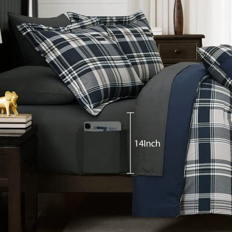 MaiRêve Queen Size Comforter Set Navy Blue, Classic Plaid Farmhouse 7 Pieces Bedding Set, All Season Lightweight Bed in a Bag with Sheets, Pillowcases & Shams MaiRêve