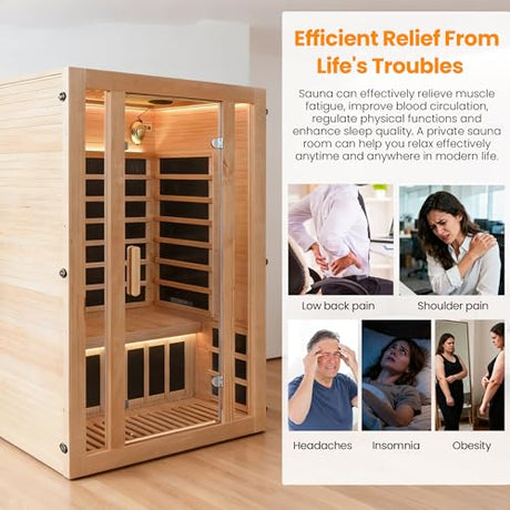 2 Person Infrared Sauna with Red Light Therapy, 1760W 120V Low EMF with Control Pane Home Indoor Dry Sauna Room for Gym & Spa, Made from Canadian Hemlock IWOODHOME