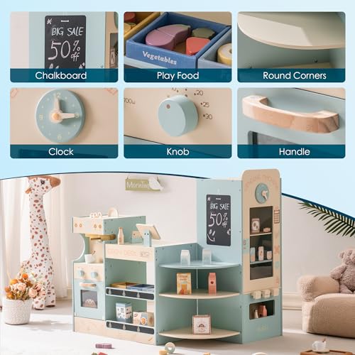 ROBUD Grocery Store Playset, Kids Play Store, Wooden Supermarket Playset with Cash Register, Chalkboard, Vending Machine, Coffee Machine, Oven, Play Food Accessories, Gift for Boys Girls 3+ ROBUD
