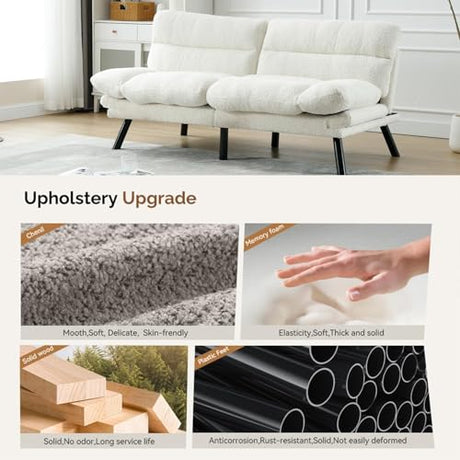 White Modern Teddy Velvet Convertible Folding Futon Couch Sofa Bed Adjustable Pillow Top Arm Memory Foam Couch Double Love Seat Sofa for Compact Space, Dorm, Apartment, Bedroom Loveseat (White) Gustonhon
