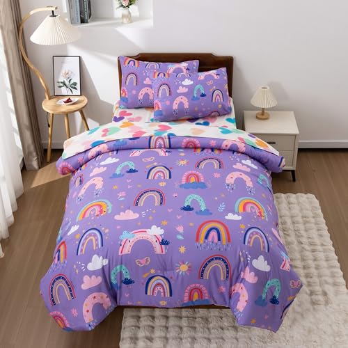 Btargot 5 Piece Dark Purple Rainbow Comforter Set for Girls Boys Kids, Twin Size Cartoon Love Hearts Flowers and Sun Star Bedding Set, Bed in a Bag with Comforter, Sheets and Pillowcases Btargot